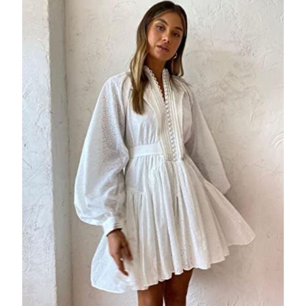 Tiptupu White Floral Bohemian Button Down Long Sleeve Dress S NWT